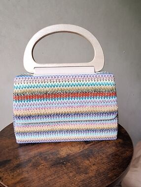 Multicolor Striped Woven Clutch with Ivory Handle